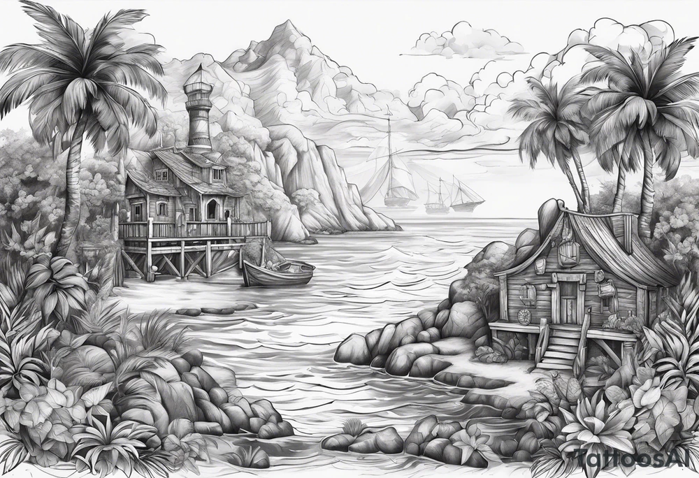 nautical pirate island background tattoo idea