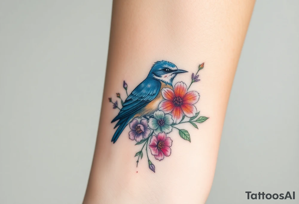 Bluebird with wild flowers tattoo idea