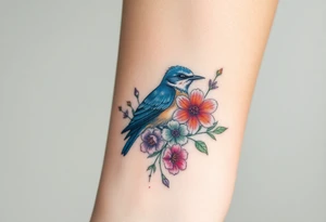 Bluebird with wild flowers tattoo idea