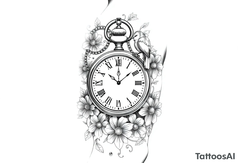 Pocket watch , surrounded by floral ornaments and birds tattoo idea