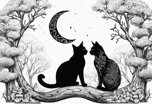 2 cats and crescent moon with trees tattoo idea