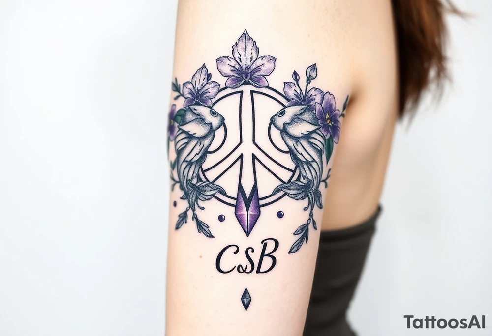 peace symbol, dog prints, Pisces symbol, intertwined with violets, amethyst, initials csb in cursive font tattoo idea