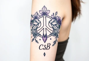 peace symbol, dog prints, Pisces symbol, intertwined with violets, amethyst, initials csb in cursive font tattoo idea