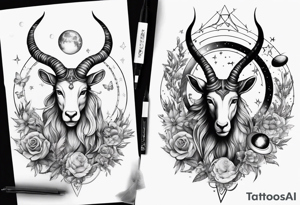 Capricorn tattoo with butterflies and moons with Saturn tattoo idea