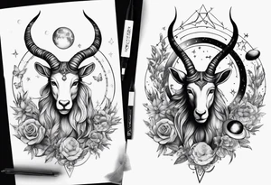 Capricorn tattoo with butterflies and moons with Saturn tattoo idea