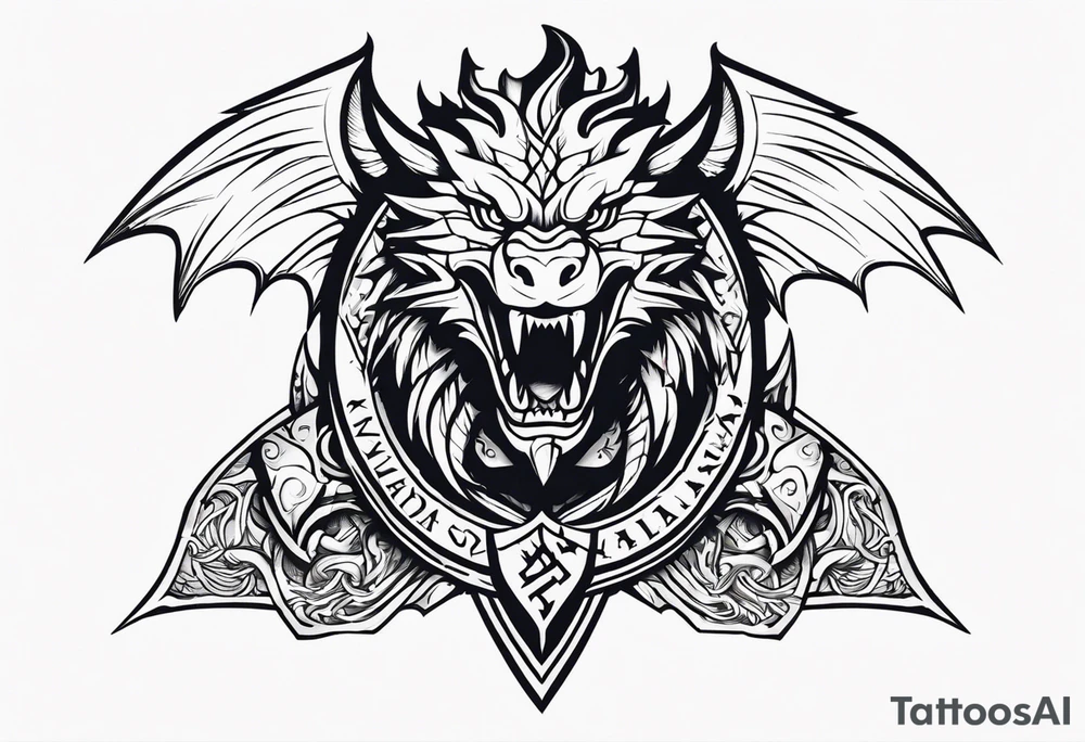 Valhalla sword shield dragon head muscle tattoo idea