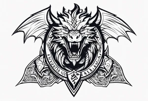 Valhalla sword shield dragon head muscle tattoo idea