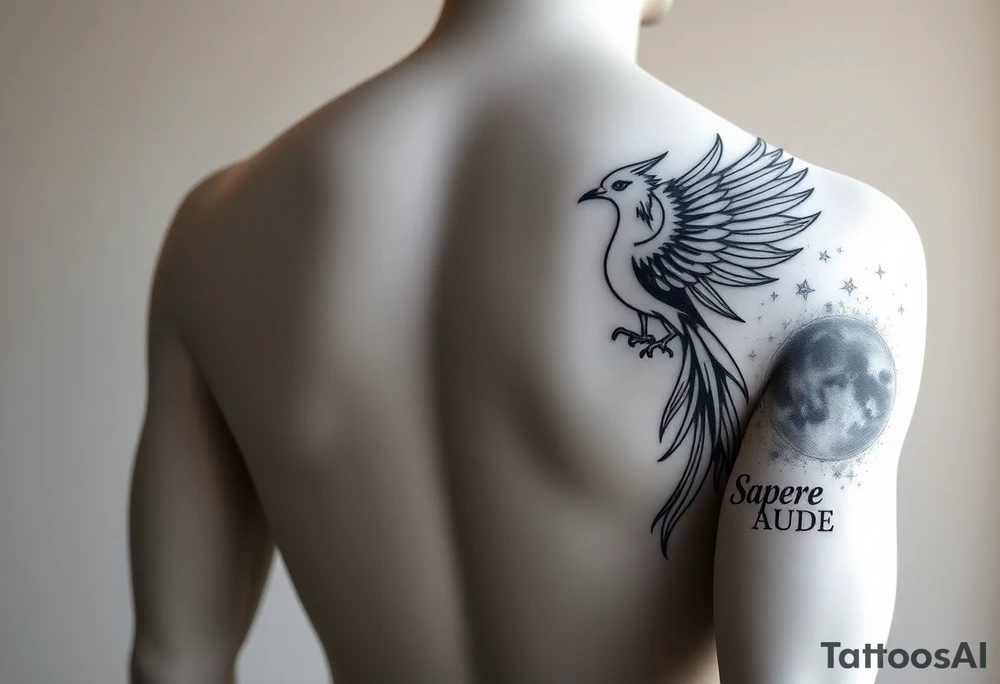 A realistic mannequin or digital human torso shown from the front, with accurate adult male proportions and natural lighting. The mannequin’s right shoulder, chest, and upper arm feature a detailed black and grey tattoo design. The tattoo includes a rising phoenix across the chest, smoke-like flowing elements on the side of the torso, the Latin phrase “Sapere aude” on the upper arm, and a starry night sky with constellations blending into the shoulder and upper arm. The phases of Venus appear subtly integrated into the night sky area on the arm instead of across the chest. The style should be elegant, modern, and realistic—like a professional tattoo concept photo, not an illustration. tattoo idea