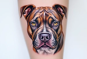 Color Realism Stafford – A full-color tattoo of a brindle Staffordshire Bull Terrier with realistic brown, tan, and black coat shading and piercing amber eyes. tattoo idea