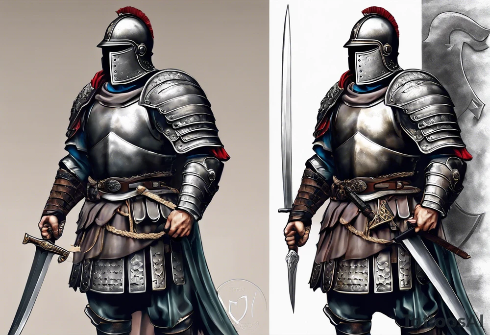 a roman soldier from AD 60, wearing armor which must include an armoured belt, breastplate, armoured shoes, shield, helmet and sword.
the soldier must look strong. the soldier is faceless. The image must include the full person, not just the top half tattoo idea