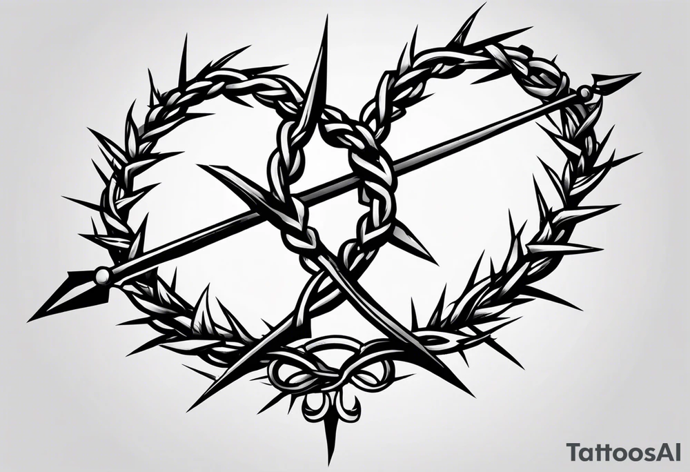 A simple design of a crown of thorns resting on the guard of a sword that is piercing a heart tattoo idea