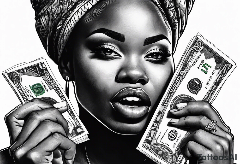 african woman biting money tattoo idea