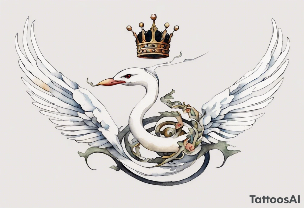 a watercolor of a white bird-serpent hybrid wearing an iron crown, flying tattoo idea