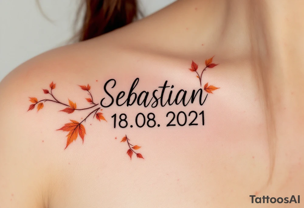 Sebastian 18. 08. 2021 – Burnt orange and deep red autumn leaves and branches surrounding Sebastian's birthdate, in a modern, bold font. tattoo idea