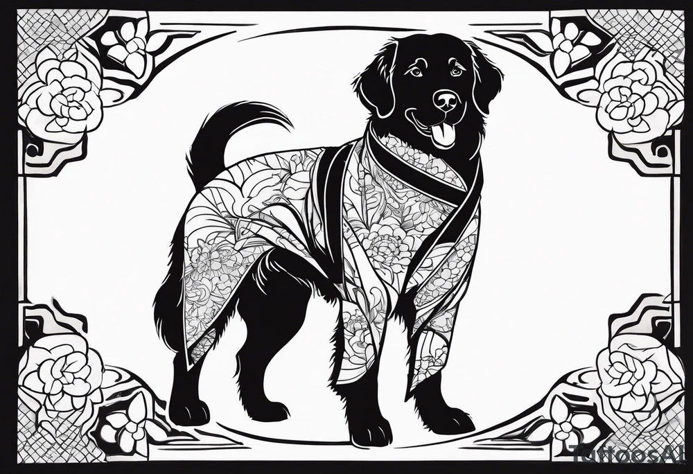 a golden retriever in a kimono full body view wearing a black karate belt tattoo idea