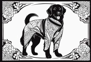 a golden retriever in a kimono full body view wearing a black karate belt tattoo idea