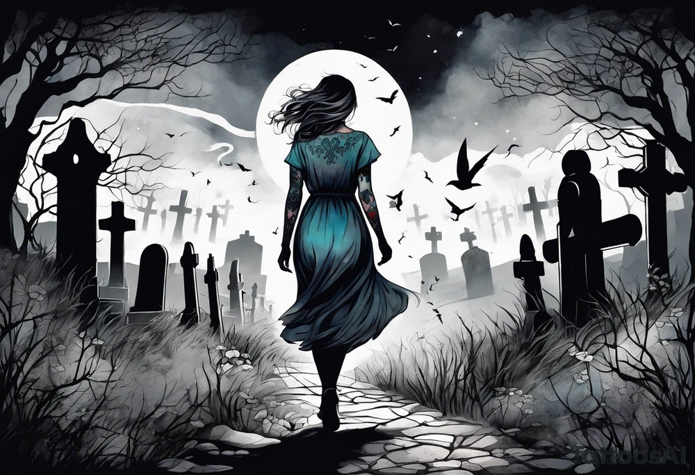 Woman walking out of a graveyard  leaving her old terrifying past behind her ethereal and mysterious tattoo idea