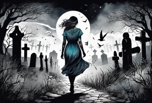 Woman walking out of a graveyard  leaving her old terrifying past behind her ethereal and mysterious tattoo idea