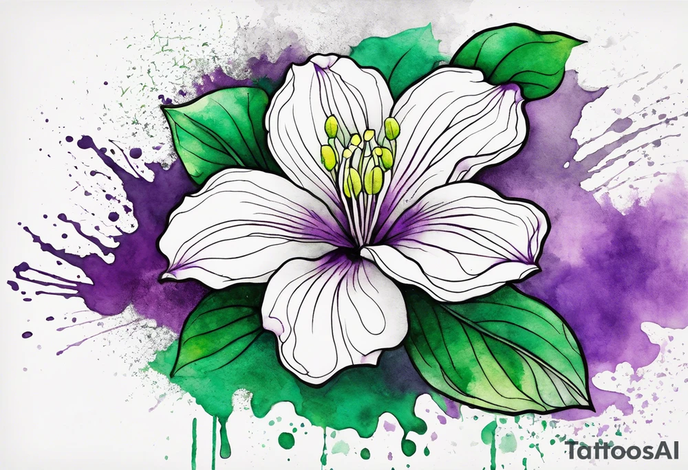 An outline of a rio dipladenia flower with a mystical green/purple watercolor splash in the background tattoo idea