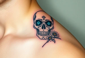 Masculine sugar skull with diamond gemstone eyes and daisy tattoo idea