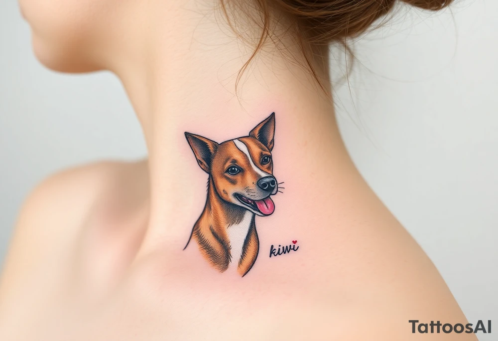 One line tattoo of female dog with white strip going up dog’s snout slightly off centered. Brown brindled and the dogs tongue slightly out with  the name kiwi and Just the colors black  white brown with a small heart near by tattoo idea