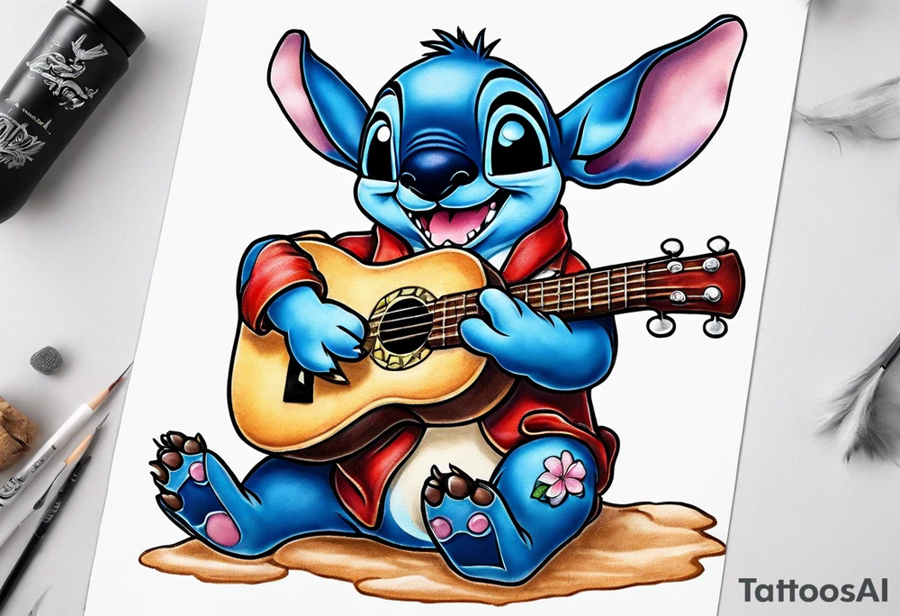 Stitch tattoo on arm under shoulder that is the version of stitch where he’s dressed up like Elvis playing a ukulele on a beach tattoo idea