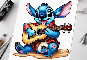 Stitch tattoo on arm under shoulder that is the version of stitch where he’s dressed up like Elvis playing a ukulele on a beach tattoo idea