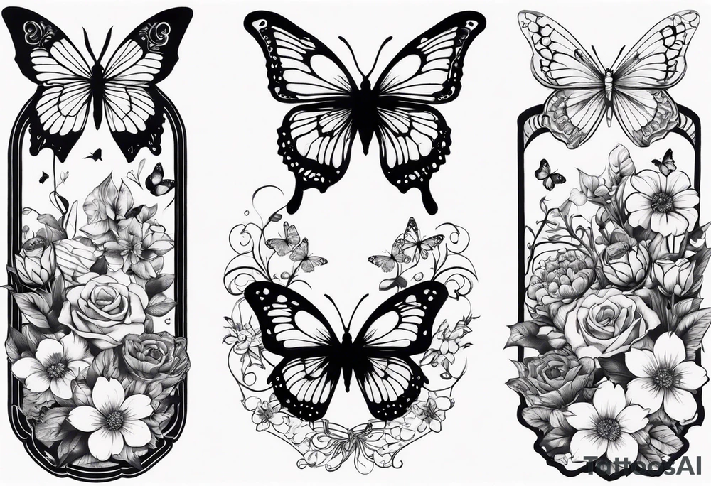 Sexy Skelton  sleeve with butterflies and flowers tattoo idea