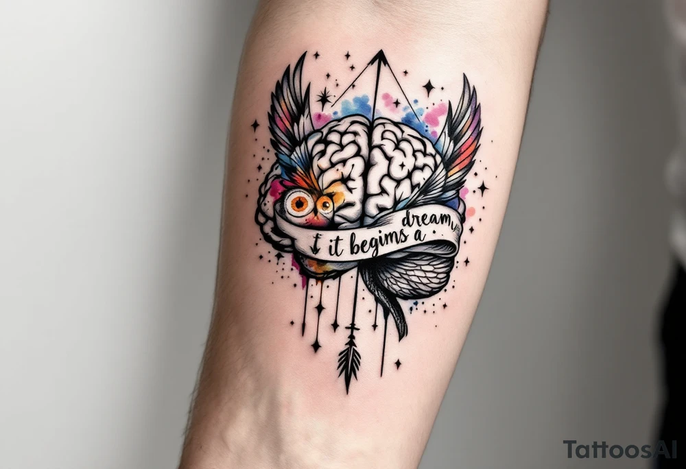A brain in geometric and straight lines, with few watercolor details but mostly black, symbols representing intelligence, creativity and dreaming flying arround, the phrase "It begins with a dream", vertical owl wings behind and delicate, and an arrow crossing from above with watercolors leaking from it tattoo idea