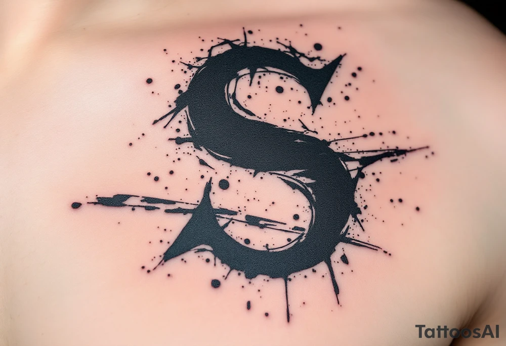 A distressed grunge-style "S" in dark gray and black with paint splatter texture. tattoo idea