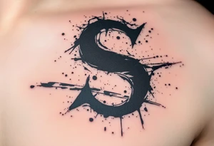 A distressed grunge-style "S" in dark gray and black with paint splatter texture. tattoo idea