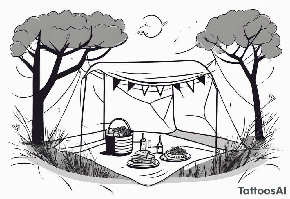 super minimalstic picnic scene. A blanket, picnic-basket with lid, pennants in two trees. Thin lines. tattoo idea