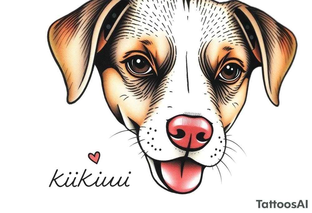 One line tattoo of female dog with white strip going up dog’s snout slightly off centered. Brown brindled and the dogs tongue slightly out with  the name kiwi and Just the colors black  white brown with a small heart near by tattoo idea