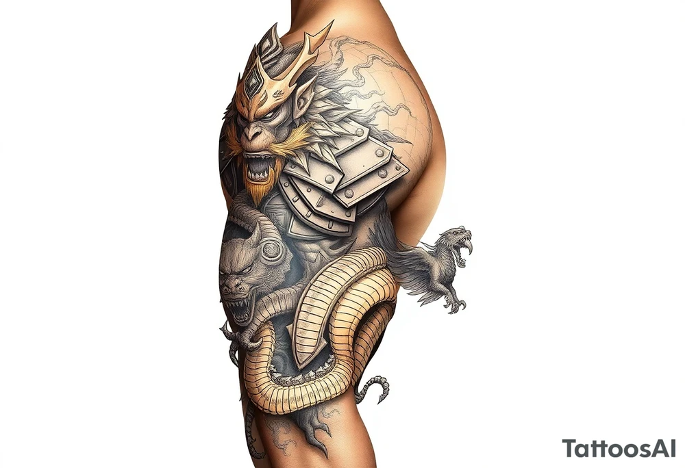 Aggressive powerfully armoured sun wukong monkey king on shoulder half fighting dragons and demons on lower arm with staff tattoo idea