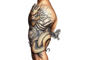 Aggressive powerfully armoured sun wukong monkey king on shoulder half fighting dragons and demons on lower arm with staff tattoo idea