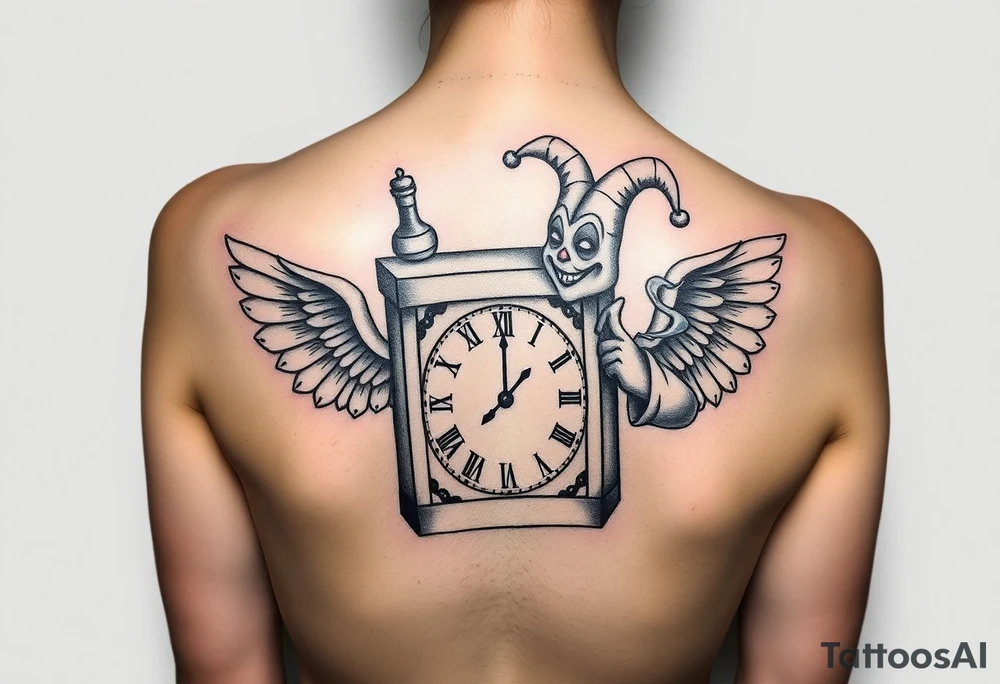jack in the box
the box as a clock with the time 420
two open wings besides the clock
smoke as the spring
a jester clown coming out the smoke
smoking in one hand with a liquor bottle on the other hand tattoo idea