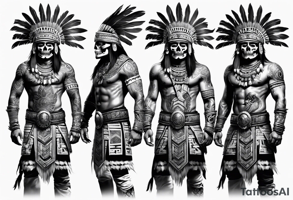 Aztec full body man warrior skeleton tattoo idea