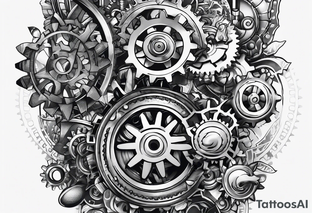 Nuts and bolts and gears and cogs on thigh tattoo idea