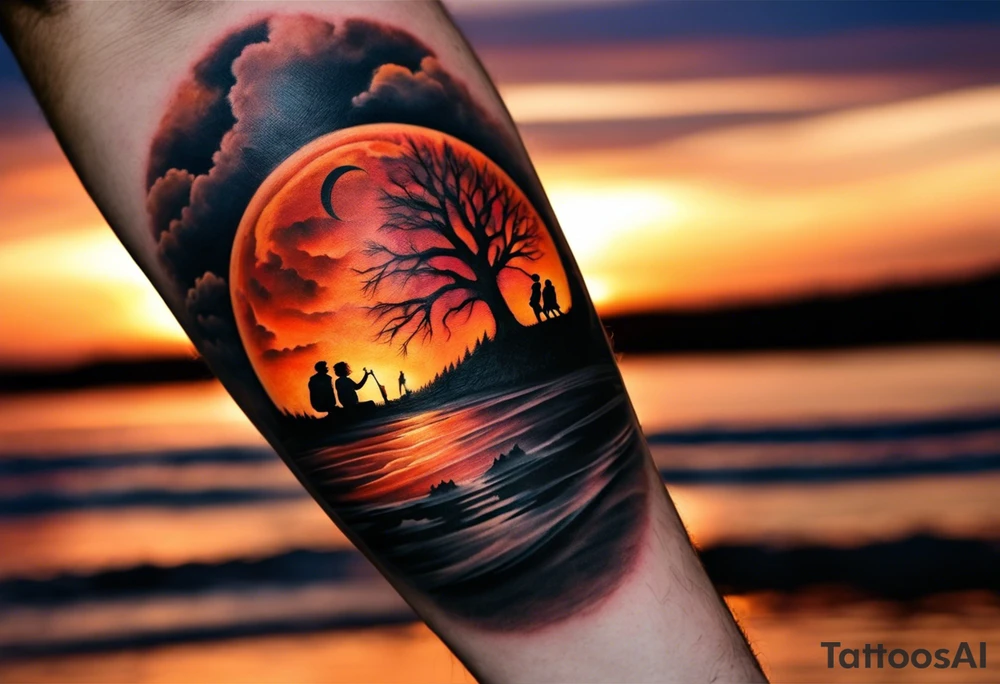 Tattoo of a family of four on a male forearm 
- dad, mom and two boys around a campfire.  Background is a sunset at the bottom, night at the top with a big beautiful moon. I would like the tattoo to be encased in a circle with the words "All that I need is the air that I breathe, and all that I need are things I don't need, and all that really matters is what matters to me". tattoo idea