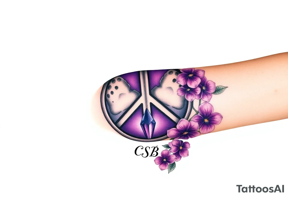 peace symbol with dog prints and purple inside, Pisces symbol, intertwined with violets, amethyst, initials csb in cursive font tattoo idea