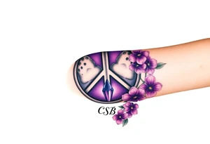 peace symbol with dog prints and purple inside, Pisces symbol, intertwined with violets, amethyst, initials csb in cursive font tattoo idea