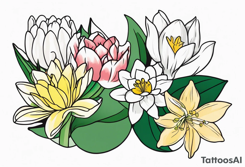 Water Lily, Lily of the Valley, Narcissus, and Gladiolus flower bouquet tattoo idea