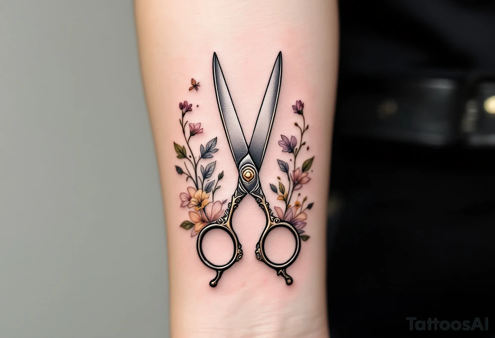 Classic Vintage Scissors Tattoo – Detailed silver vintage scissors with ornate handles, shaded in gray and black for a timeless, elegant look, surrounded by soft floral accents in muted pinks and yellows. tattoo idea