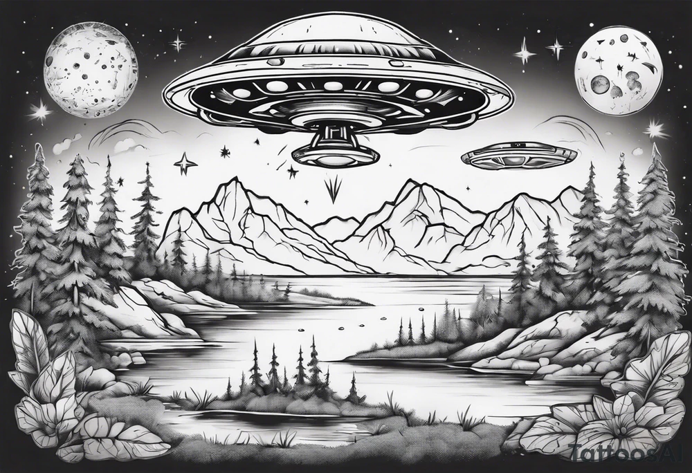 UFO hidden in beautiful landscape tattoo idea