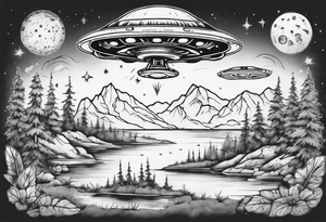 UFO hidden in beautiful landscape tattoo idea