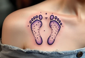 Light lavender and white footprints of Eva, adorned with tiny hearts and stars, representing her innocent heart and magical nature. tattoo idea