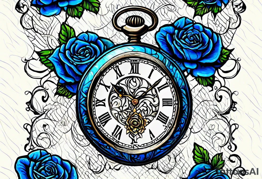 Pocket watch with blue roses tattoo idea