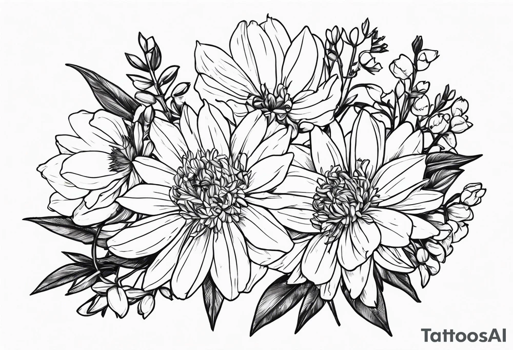 Aster and larkspur bouquet tattoo idea