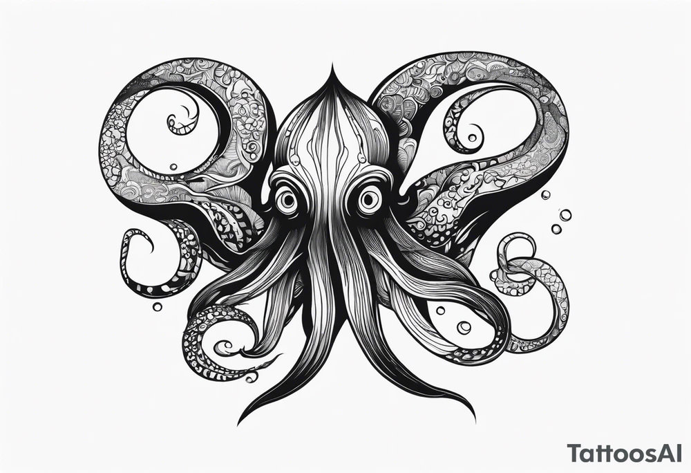 The horrifying squid hides itself in ink and turns the color of its body to black to blend into the sea tattoo idea