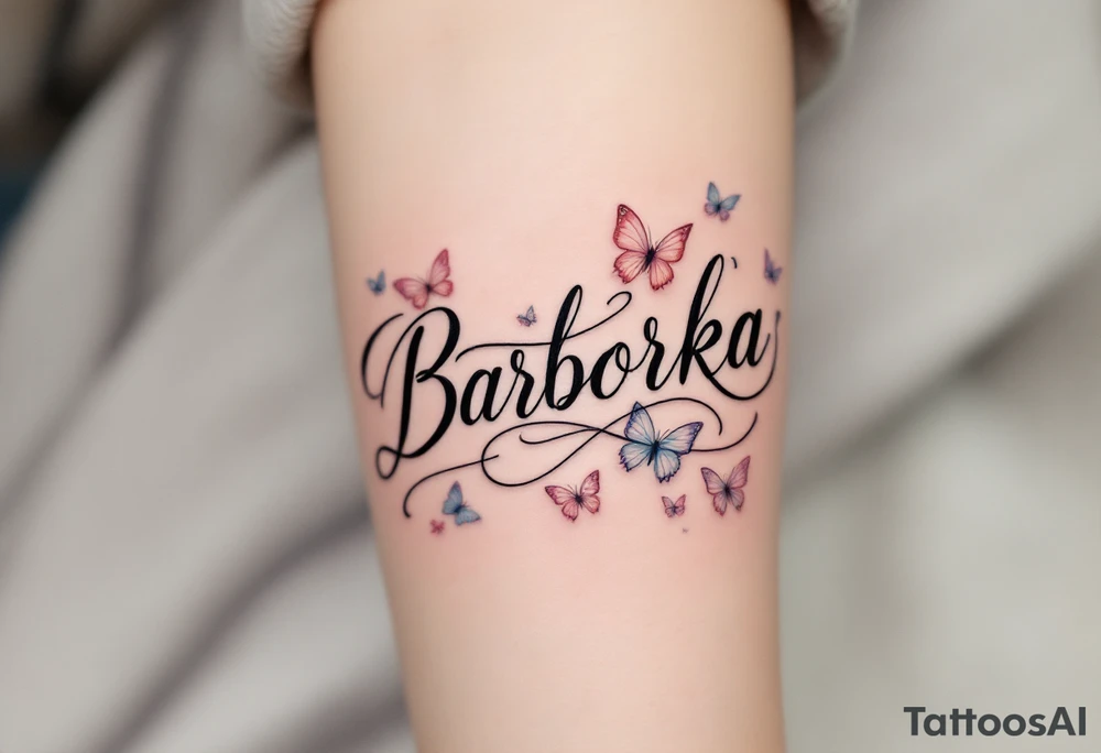 Barborka name wrapped in a flowing ribbon, with soft pastel butterflies fluttering around. tattoo idea